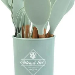 12-delige Itagala Siliconen Keukengerei Set Met Koker | Anti Aanbak | Hoge Kwaliteit Kookgerei Met Houten Handvatten | Light Green | BPA En Kras Vrij