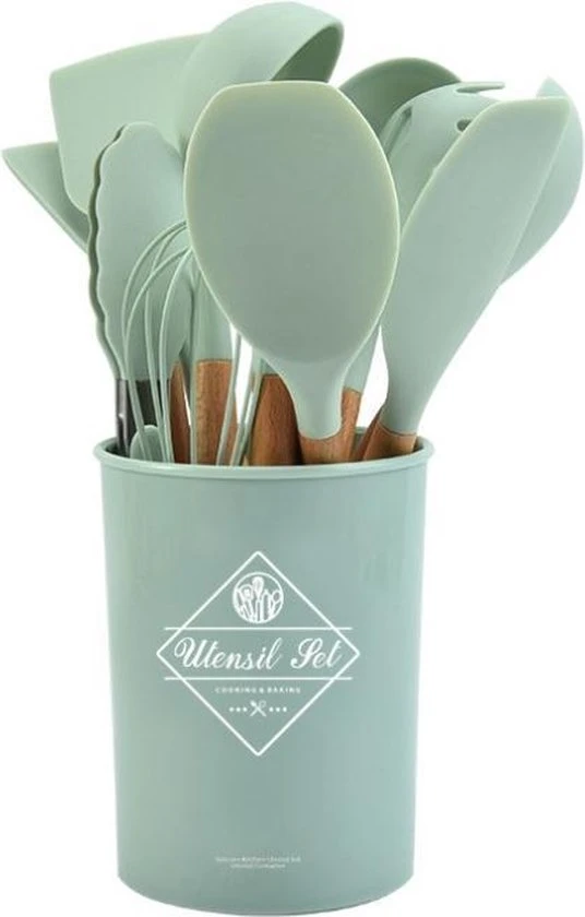 12-delige Itagala Siliconen Keukengerei Set Met Koker | Anti Aanbak | Hoge Kwaliteit Kookgerei Met Houten Handvatten | Light Green | BPA En Kras Vrij 3 12-delige Itagala Siliconen Keukengerei Set Met Koker | Anti Aanbak | Hoge Kwaliteit Kookgerei Met Houten Handvatten | Light Green | BPA En Kras Vrij
