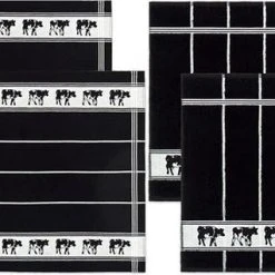 DDDDD Combiset 2 Theedoeken & 2 Keukendoeken Zw/bon Zwart/wit