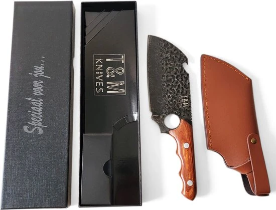 T&M Knives Gehamerd Koksmes Met Opener - Professioneel En Vlijmscherp - BBQ Mes 5 T&M Knives Gehamerd Koksmes Met Opener - Professioneel En Vlijmscherp - BBQ Mes - Afbeelding 3