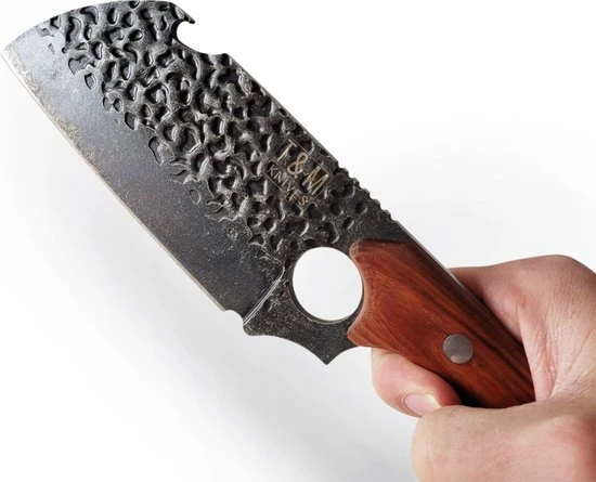 T&M Knives Gehamerd Koksmes Met Opener - Professioneel En Vlijmscherp - BBQ Mes 10 T&M Knives Gehamerd Koksmes Met Opener - Professioneel En Vlijmscherp - BBQ Mes - Afbeelding 8