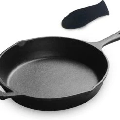 InnovaLand Skillet Gietijzer Premium + Siliconen Handvat - Geschikt Voor Alle Warmtebronnen Incl. BBQ En Inductie - Koekenpan - 32 CM -Vaderdag Cadeau- Geschenk- Cadeautjes - Cadeau Voor Man - Vrouw - Sinterklaas Cadeautjes - Mannen - Vrouwen