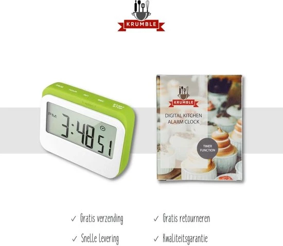 Krumble Digitale Kookwekker - Met Digitale Klok En Alarm - Perfect Voor In De Keuken Met Magneet En Rubberen Stootrand - Wit Met Groen 7 Krumble Digitale Kookwekker - Met Digitale Klok En Alarm - Perfect Voor In De Keuken Met Magneet En Rubberen Stootrand - Wit Met Groen - Afbeelding 5
