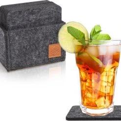 Sincer Vilten Onderzetters Voor Glazen Met Houder – Set Van 8 Vilten Onderzetters – Onderleggers - Premium Kwaliteit – Absorberend – Hittebestendig - Vierkant – Zwart/Grijs – Duurzaam/Milieuvriendelijk