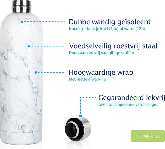 TIGR The Minimalist - Drinkfles - Thermosfles - RVS - 750ml - Wit Marmer 5 TIGR The Minimalist - Drinkfles - Thermosfles - RVS - 750ml - Wit Marmer - Afbeelding 3
