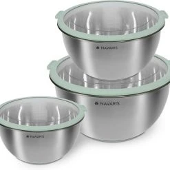 Navaris Roestvrijstalen Mengkom - Set Van 3 Kommen Met Deksel - Antislip Keukenschalen - Mintgroen