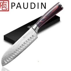 PAUDIN N5 Professioneel RVS Japans Santoku Mes 17,5 Cm - Vlijmscherp Keukenmes Gemaakt Van Hoogwaardig Duits Roestvast Carbonstaal - Damascus Patroon - Nu Extra Scherp Geprijst - Black Friday - Sint En Kerst