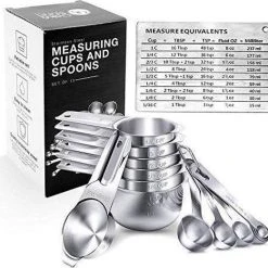Oak&Steel 17 Maatbekers En Lepels - Hoogwaardige Kwaliteit Roestvrij Staal- 7 Maatbekers & 7 Maatlepels +2 D-ringen En Magnetische Omzettingstabel - Keukenaccessoire Om Te Koken En Te Bakken, Kerstcadeau.