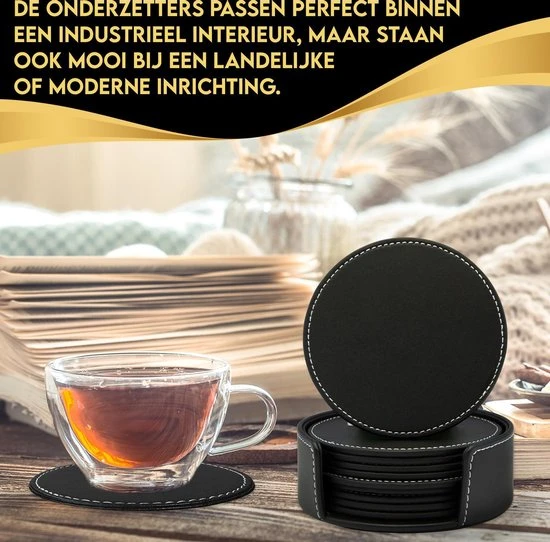 Vaja Trends Luxe Leren Onderzetters Voor Glazen - Met Houder - Set Van 10 - Zwart - Waterafstotend En Hittebestendig 6 Vaja Trends Luxe Leren Onderzetters Voor Glazen - Met Houder - Set Van 10 - Zwart - Waterafstotend En Hittebestendig - Afbeelding 4