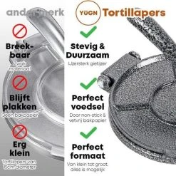 YUGN Tortilla Pers Roti Maker Hamburgerpers Inclusief 100 Stuks Bakpapier Vellen – Tortilla Maker Tortillapers Ook Als Wrap Taco En Hamburger Pers - Tortilla Press Veelzijdig En IJzersterk Gietijzer- Inclusief EBook - 19 CM Diameter - Vaderdag Cadeau -Tefal Shop 550x542 5