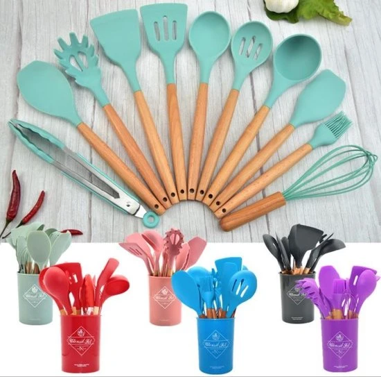 12-delige Itagala Siliconen Keukengerei Set Met Koker | Anti Aanbak | Hoge Kwaliteit Kookgerei Met Houten Handvatten | Light Green | BPA En Kras Vrij 6 12-delige Itagala Siliconen Keukengerei Set Met Koker | Anti Aanbak | Hoge Kwaliteit Kookgerei Met Houten Handvatten | Light Green | BPA En Kras Vrij - Afbeelding 4