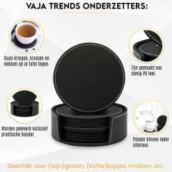 Vaja Trends Luxe Leren Onderzetters Voor Glazen - Met Houder - Set Van 10 - Zwart - Waterafstotend En Hittebestendig 17 Vaja Trends Luxe Leren Onderzetters Voor Glazen - Met Houder - Set Van 10 - Zwart - Waterafstotend En Hittebestendig -Tefal Shop 550x546 1
