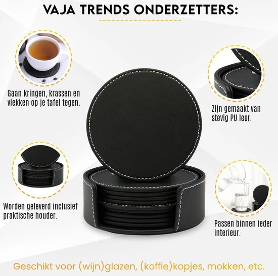 Vaja Trends Luxe Leren Onderzetters Voor Glazen - Met Houder - Set Van 10 - Zwart - Waterafstotend En Hittebestendig 8 Vaja Trends Luxe Leren Onderzetters Voor Glazen - Met Houder - Set Van 10 - Zwart - Waterafstotend En Hittebestendig - Afbeelding 6