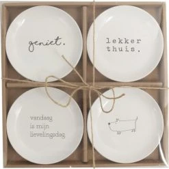 Gusta® Bord Set Van 4 Stuks ø15cm . Met Tekst Geniet / Lekker/ Vandaag Is Mijn Lievelingsdag /hondje Gusta
