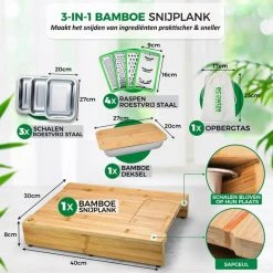 Ecowize 3-in-1 Bamboe Snijplank Met Opvangbak - Snijplank Hout Incl. 3 Roestvrijstalen Opvangbakjes Met Bamboe Deksel, 4 Inzetbare Raspen - Groentesnijder, Hakblok, Borrelplank, Tapasplank, Broodplank - 40x30cm - Duurzaam Cadeau -Tefal Shop 550x550 767