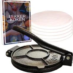 YUGN Tortilla Pers Roti Maker Hamburgerpers Inclusief 100 Stuks Bakpapier Vellen – Tortilla Maker Tortillapers Ook Als Wrap Taco En Hamburger Pers - Tortilla Press Veelzijdig En IJzersterk Gietijzer- Inclusief EBook - 19 CM Diameter - Vaderdag Cadeau