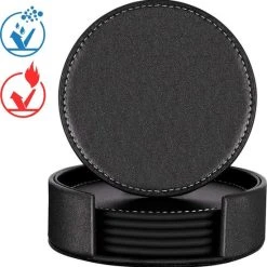 Luxify Luxe Leren Onderzetters Met Houder - 6 Stuks - Onderleggers Voor Glazen - Glasonderzetters Voor Op Tafel - Coasters - Zwart - Rond