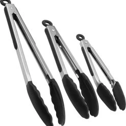 VITAMO 3x Keukentang RVS - Serveertang - BBQ Tang - Barbequetang - Vleestang - 3 Handige Maten - 33 Cm 27 Cm En 20 Cm - Zwart