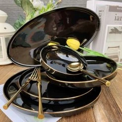 Selinex Porselein Serviesset Zwart Met Gouden Rand 6 Persoons, 25-delig