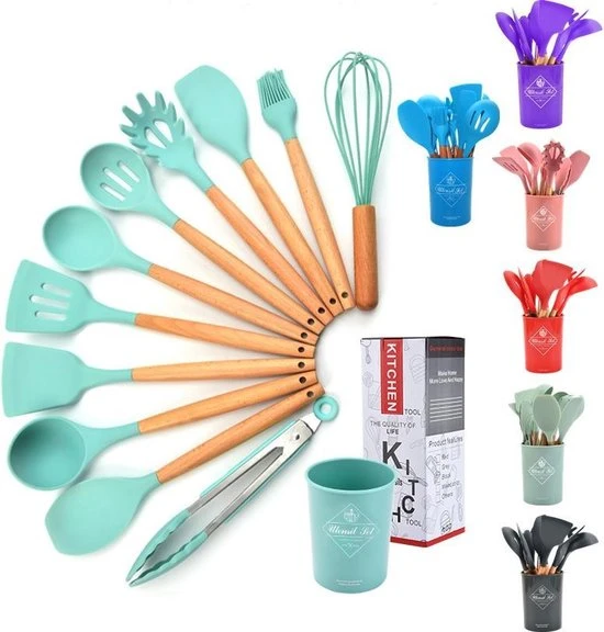 12-delige Itagala Siliconen Keukengerei Set Met Koker | Anti Aanbak | Hoge Kwaliteit Kookgerei Met Houten Handvatten | Light Green | BPA En Kras Vrij 5 12-delige Itagala Siliconen Keukengerei Set Met Koker | Anti Aanbak | Hoge Kwaliteit Kookgerei Met Houten Handvatten | Light Green | BPA En Kras Vrij - Afbeelding 3