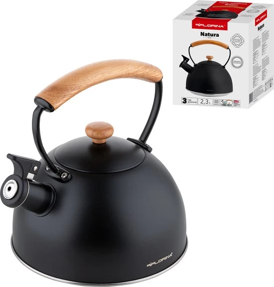 Floria Florina Natura Line Fluitketel RVS Mat Zwart 2.3 Liter - Geschikt Voor Alle Warmtebronnen - Scandinavische Stijl - Massief Houten Handvat 4 Floria Florina Natura Line Fluitketel RVS Mat Zwart 2.3 Liter - Geschikt Voor Alle Warmtebronnen - Scandinavische Stijl - Massief Houten Handvat - Afbeelding 2