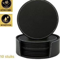 Vaja Trends Luxe Leren Onderzetters Voor Glazen - Met Houder - Set Van 10 - Zwart - Waterafstotend En Hittebestendig