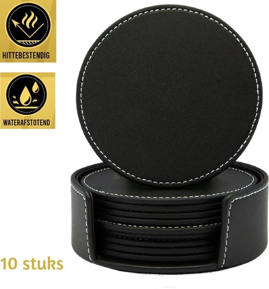 Vaja Trends Luxe Leren Onderzetters Voor Glazen - Met Houder - Set Van 10 - Zwart - Waterafstotend En Hittebestendig 3 Vaja Trends Luxe Leren Onderzetters Voor Glazen - Met Houder - Set Van 10 - Zwart - Waterafstotend En Hittebestendig