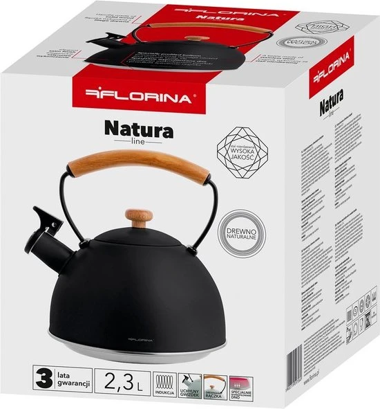 Floria Florina Natura Line Fluitketel RVS Mat Zwart 2.3 Liter - Geschikt Voor Alle Warmtebronnen - Scandinavische Stijl - Massief Houten Handvat 7 Floria Florina Natura Line Fluitketel RVS Mat Zwart 2.3 Liter - Geschikt Voor Alle Warmtebronnen - Scandinavische Stijl - Massief Houten Handvat - Afbeelding 5