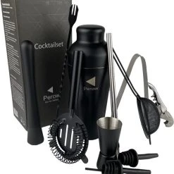 Perow - Cocktail Set - 10 Delig - Cocktail Shaker 600ml - Mat Zwart