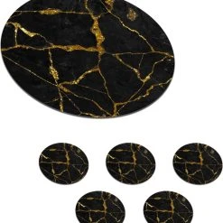 KitchenYeah Onderzetters Voor Glazen - Onderzetters - Zwart - Goud - Marmer Look - 10x10 Cm - Rond - 6 Stuks
