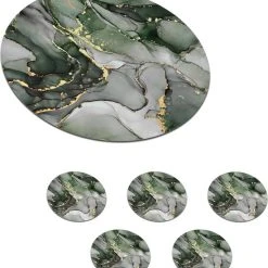 KitchenYeah Onderzetters Voor Glazen - Rond - Luxe - Marmer - Groen - 10x10 Cm - Glasonderzetters - 6 Stuks