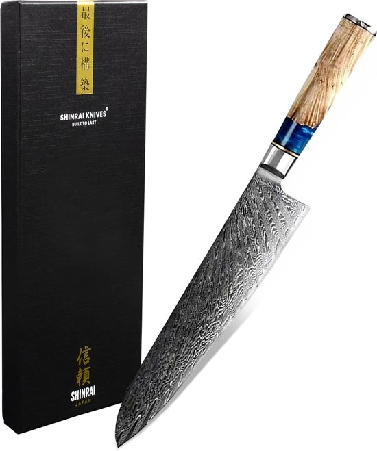 Shinrai Japan™ Shinrai Japan - Japans Koksmes 20 Cm - Koksmes - Damascus Mes - Epoxy Sapphire - Met Luxe Geschenkdoos 3 Shinrai Japan™ Shinrai Japan - Japans Koksmes 20 Cm - Koksmes - Damascus Mes - Epoxy Sapphire - Met Luxe Geschenkdoos