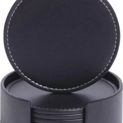 Merkloos Luxe Leren Onderzetters Voor Glazen Met Houder - 6 Stuks - Waterafstotend En Hittebestendig - Glasonderzetters Voor Op Tafel - Coasters - Rond