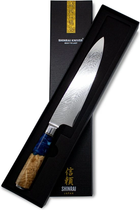 Shinrai Japan™ Shinrai Japan - Japans Koksmes 20 Cm - Koksmes - Damascus Mes - Epoxy Sapphire - Met Luxe Geschenkdoos 9 Shinrai Japan™ Shinrai Japan - Japans Koksmes 20 Cm - Koksmes - Damascus Mes - Epoxy Sapphire - Met Luxe Geschenkdoos - Afbeelding 7